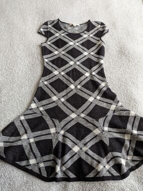 Boston Proper Black and White Plaid Knit Fit-and-Flare Dress